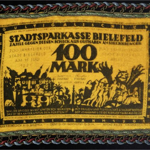 Null 纸币，德国紧急货币和KGL，比勒费尔德（威斯特伐利亚），特殊种类的紧急货币，证明100马克15.7.1921 "法国违反条约"。在黄色天鹅绒上，而不是&hellip;