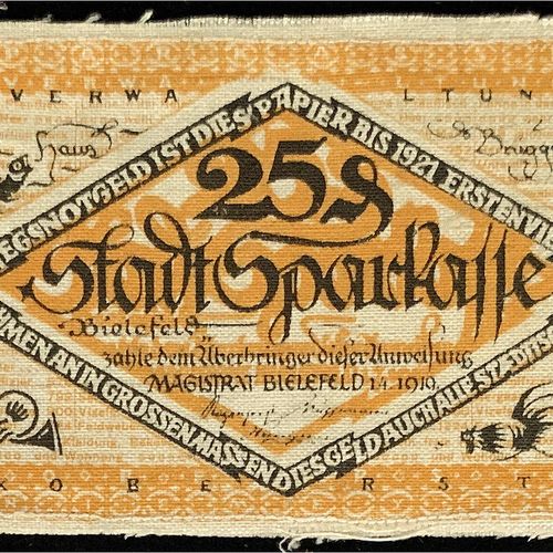 Null 钞票，德国紧急货币和KGL，比勒费尔德（威斯特伐利亚），特殊种类的紧急货币，25Pfg.亚麻布，白色1.4.19-1.4.1921.印刷橙色/黑色，有&hellip;