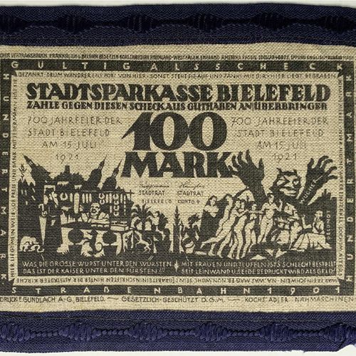 Null 纸币，德国紧急货币和KGL，比勒费尔德（威斯特伐利亚），特殊种类的紧急货币，100马克黄麻15.7.1921 "法国违反条约 "的证明。在粗麻布上而不&hellip;