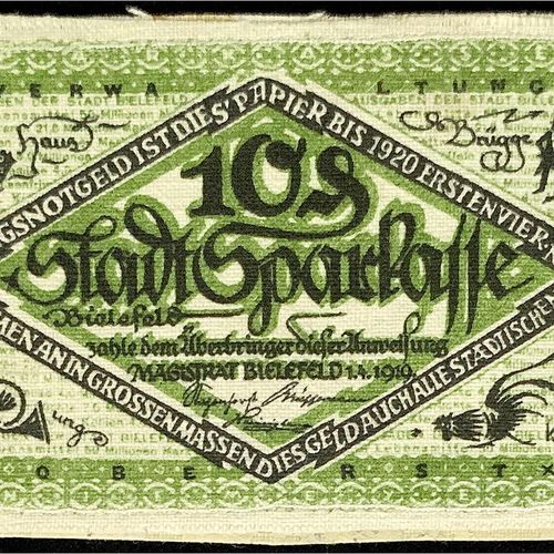 Null 钞票，德国Notgeld和KGL，比勒费尔德（威斯特伐利亚），Notgeld besonderer Art，10 Pfg.亚麻布，白色1.4.1919&hellip;