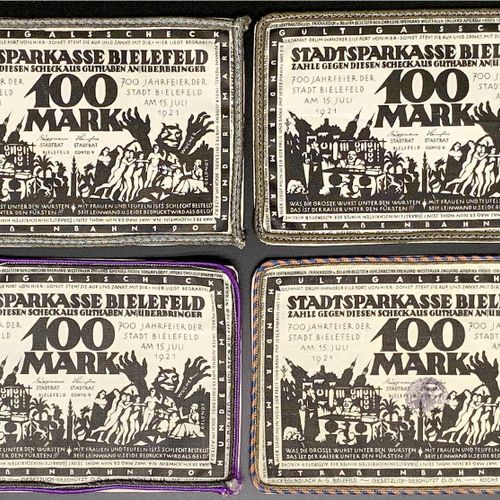 Null 纸币，德国紧急货币和KGL，比勒费尔德（威斯特伐利亚），特殊类型的紧急货币，4 X 100马克亚麻布，白色15.7.1921 "法国违反条约"。都有不&hellip;