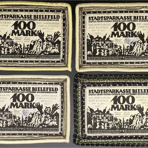 Null 纸币，德国紧急货币和KGL，比勒费尔德（威斯特伐利亚），特殊类型的紧急货币，4 X 100马克丝，白色15.7.1921 "法国违反条约"。全部用边框&hellip;