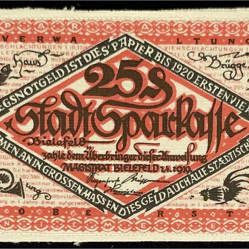 Null 钞票，德国紧急货币和KGL，比勒费尔德（威斯特伐利亚），特殊种类的紧急货币，25Pfg.亚麻布，白色1.4.1919-1.4.1920。 印刷红色/黑&hellip;