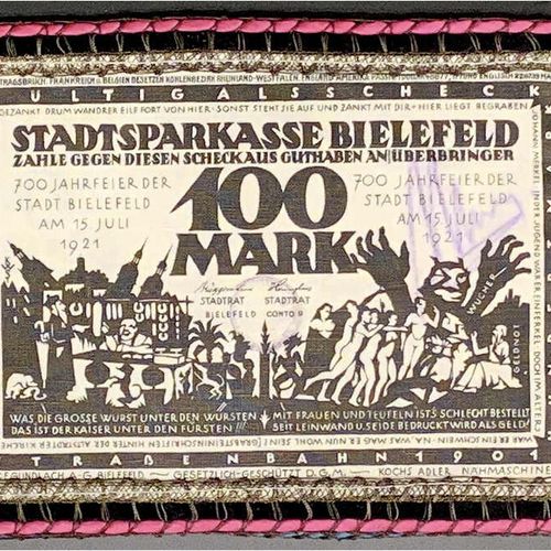 Null 纸币，德国紧急货币和KGL，比勒费尔德（威斯特伐利亚），特殊类型的紧急货币，3 X 100马克亚麻布，白色15.7.1921 "法国违反条约"。都有边&hellip;