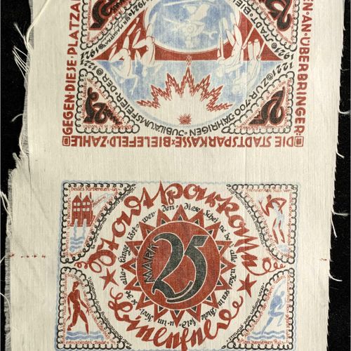 Null 钞票，德国Notgeld和KGL，比勒费尔德（威斯特伐利亚），Notgeld besonderer Art，25马克丝绸，白色15.7.1921。 小&hellip;