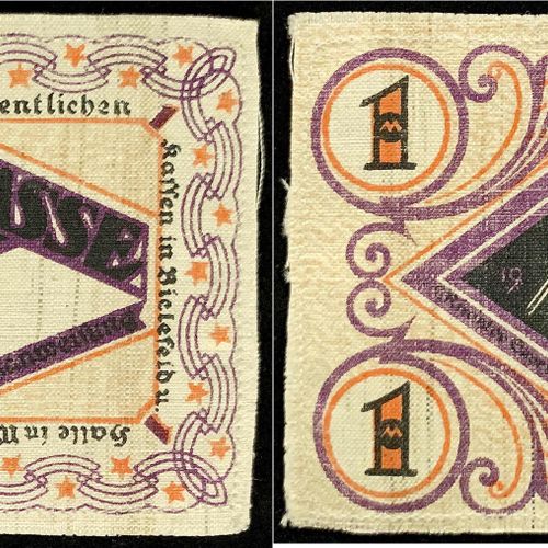 Null 钞票，德国Notgeld和KGL，比勒费尔德（威斯特伐利亚），Notgeld besonderer Art，1马克亚麻布，白色1.12.1918.Rs&hellip;