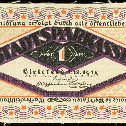 Null 钞票，德国Notgeld和KGL，比勒费尔德（威斯特伐利亚），Notgeld besonderer Art，1马克亚麻布，白色1.12.1918。 分&hellip;