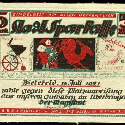 Null 钞票，德国紧急货币和KGL，比勒费尔德（威斯特伐利亚），特殊种类的紧急货币，5马克亚麻布，白色15.7.1921 - 1.10.1922。 印刷绿色/&hellip;