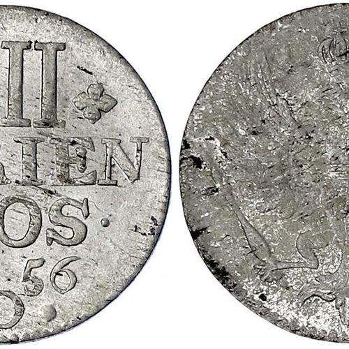 Null 旧德国硬币和奖牌，勃兰登堡-普鲁士，腓特烈二世，1740-1786，IIII Mariengroschen 1756 D，Aurich。优秀/冲压光泽&hellip;