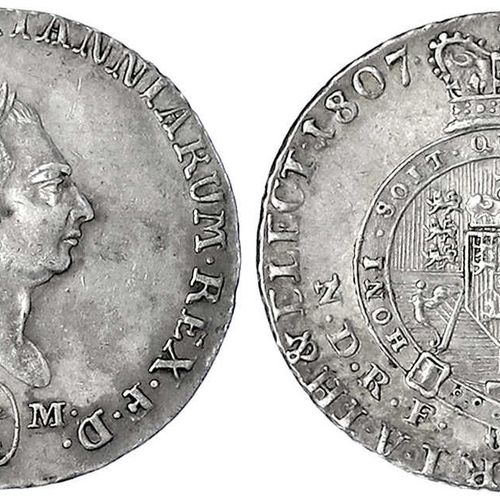 Null 旧德国硬币和奖牌，不伦瑞克-卡伦堡-汉诺威，乔治三世，1760-1820，1/6 Thaler 1807 GM，Clausthal。非常好/极好。We&hellip;