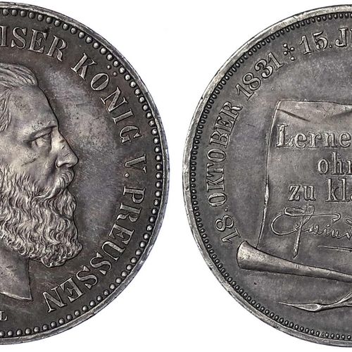 Null 旧德国硬币和奖章，勃兰登堡-普鲁士，腓特烈三世，1888年，5马克重量的银质奖章1888年，死亡。"学会痛苦而不抱怨"。41毫米。27.39克。优秀，&hellip;