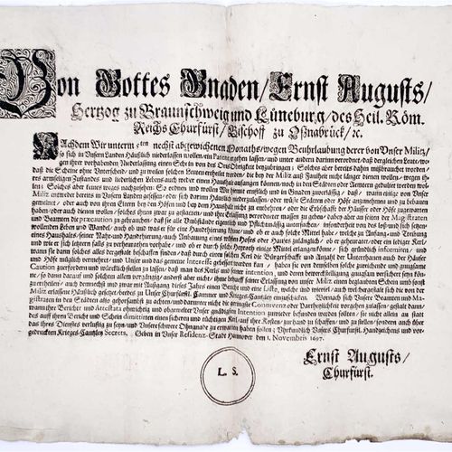 Null 旧德国钱币和奖章，不伦瑞克-卡伦堡-汉诺威，恩斯特-奥古斯特，1679-1698，法令，汉诺威，1697年11月1日。 对民兵进行彻底的审查，对那些尽&hellip;