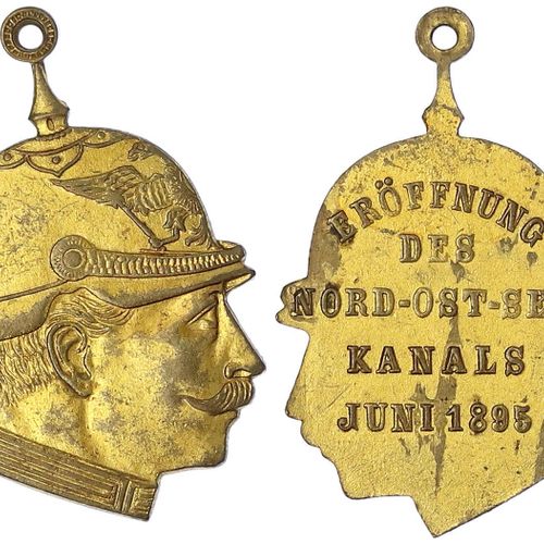 Null 旧德国硬币和奖牌，勃兰登堡-普鲁士，威廉二世，1888-1918年，便携式，1895年镀金铜质奖牌，形状为威廉二世头像，戴着疙瘩帽。基尔运河的开通。3&hellip;