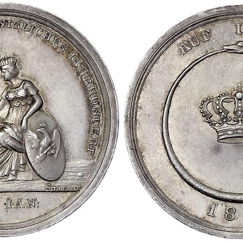 Null 旧德国硬币和奖牌，勃兰登堡-普鲁士，弗里德里希-威廉三世，1797-1840，1801年斯蒂尔勒制作的银质奖牌，公元100j.王国的周年纪念。格克尔。&hellip;