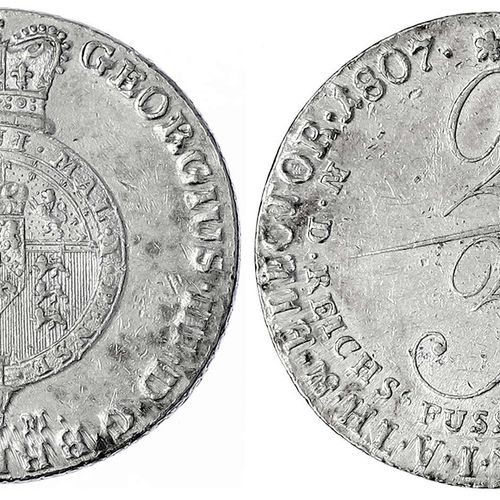 Null 旧德国硬币和奖章，不伦瑞克-卡伦堡-汉诺威，乔治三世，1760-1820，2/3 Thaler 1807 GM。冠状，圆形纹章。非常好/极好，有小的划&hellip;