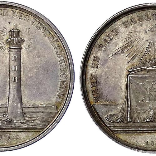 Null 旧德国硬币和奖牌，勃兰登堡-普鲁士，奖牌，银质奖牌o.J.（1850年左右），由Loos制作。灯塔和船在左侧航行/祭坛上的圣经和十字架。31毫米；8,&hellip;