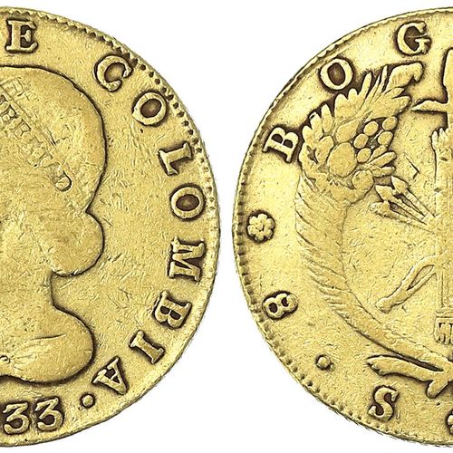 Null 外国金币和奖章，哥伦比亚，共和国，自1820年以来，8埃斯库多1833RS，波哥大。26,32 g.875/1000.几乎是非常好的。Krause/M&hellip;