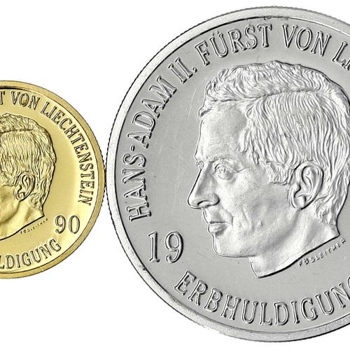 Null 外国金币和奖章，列支敦士登，汉斯-亚当二世，自1990年起，一套50法郎金币和10法郎银币1990年，世袭贡品。10 g.900/1000金和27克。&hellip;