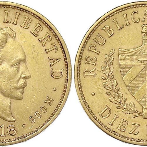 Null Monete e medaglie d'oro straniere, Cuba, 10 pesos 1916. Testa n.D. / stemma&hellip;