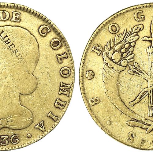 Null 外国金币和奖章，哥伦比亚，共和国，自1820年以来，8埃斯库多1836RS，波哥大。26,72 g.875/1000.几乎是非常好的。Krause/M&hellip;