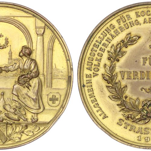 Null 德国古钱币和奖章 - 斯特拉斯堡市 -- 
1900年G.M.Sch. Angem的鎏金铜牌。烹饪艺术、食品与奢侈食品、人民营养、军队餐饮等综合展。为&hellip;