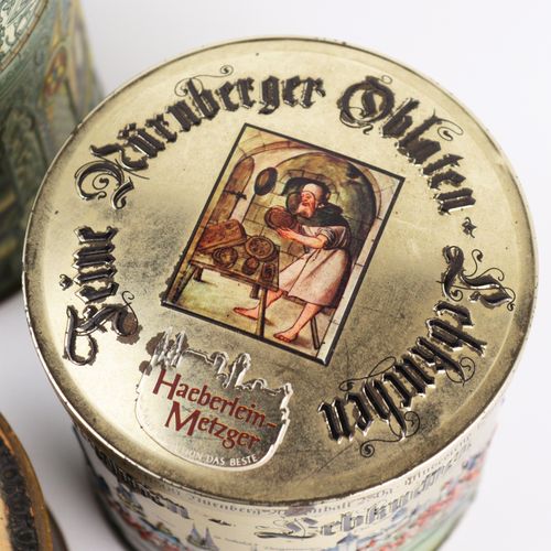 Lebkuchendosen from around 1900, Nuremberg, round, 3 pcs., 1x tin box, Metzger, &hellip;