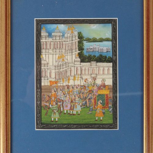 Miniaturmalerei 印度-波斯，布面水粉画，一个故事的场景，旅行的骏马和两头大象在有湖的宫殿前，轻微的岁月痕迹，约17 x 12,5厘米
