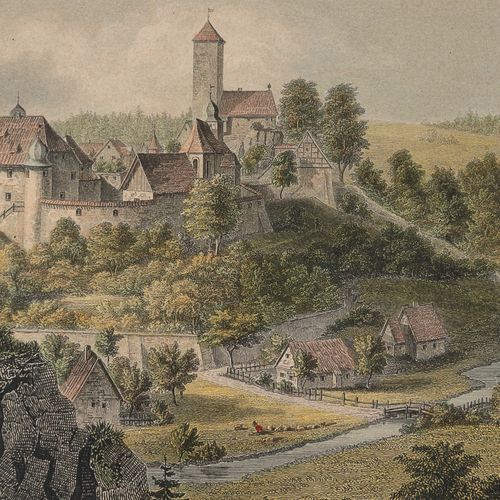Aufsess - Gesamtansicht "Aufseess", vue historique avec château, colori. Gravure&hellip;
