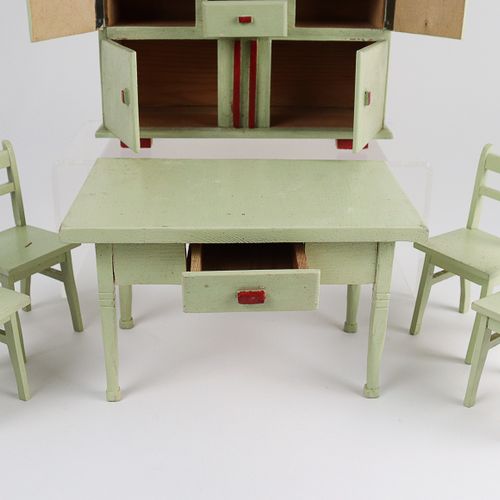 Küchenmöbel 自助餐，带抽屉的厨房桌子和4把椅子，大约20/30年代，涂漆的木头，座位高度大约7.5厘米，桌子WH大约21 x 13 x 13.5厘米&hellip;