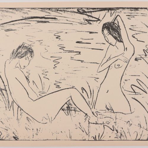 MUELLER, Otto "Badendes und am Ufer liegendes Mädchen", nu, lithographie, vers 1&hellip;