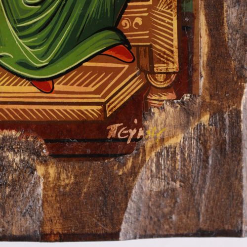 Ikone 希腊，木头，油布上的绘画和黄金覆盖，报喜场景，背面标有拜占庭圣像的原始副本，由Pater Pefkis制作，有轻微的老化痕迹，尺寸木板约28 x 2&hellip;