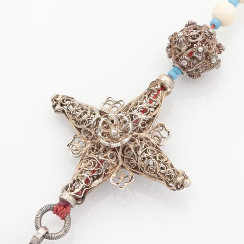 Rosenkranz 银丝，银丝吊坠和Ave珠，骨珠和玻璃珠，珐琅质十字架，有些老化，长约42厘米