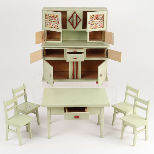 Küchenmöbel 自助餐，带抽屉的厨房桌子和4把椅子，大约20/30年代，涂漆的木头，座位高度大约7.5厘米，桌子WH大约21 x 13 x 13.5厘米&hellip;