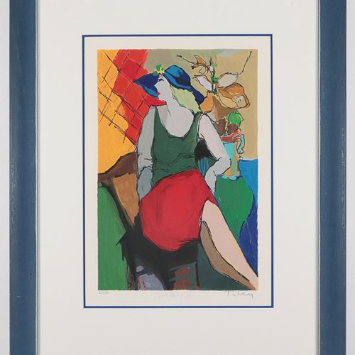 Unleserlich signiert "Jealousy II", dame assise au thé, lithographie en couleurs&hellip;