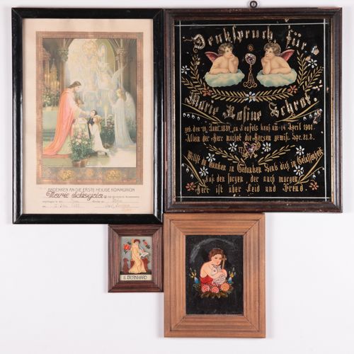 Christliche Hinterglasbilder u. A. 2 small reverse glass pictures, 2 souvenir pi&hellip;