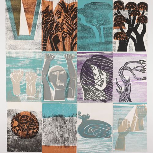 Grieshaber, HAP 12 pieces, various. Woodcuts mainly in blue and brown, 1973, eac&hellip;