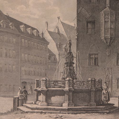 Nürnberg - Ansichten 3 pcs., divers. Vues de fontaines de Nuremberg, gravures su&hellip;