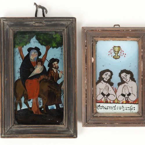 Hinterglasbilder 19e s., 2 pcs, 1x Sainte Famille en fuite, cadre en bois, rayé,&hellip;