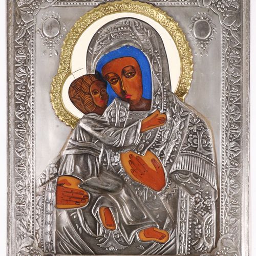 Ikone 20e siècle, Russie, Vierge, bois, peint, charge de métal, argenté, relief,&hellip;