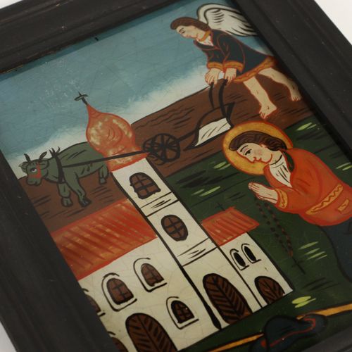 Hinterglasbilder 4 pcs., différents. Hubertus, St. Isidore avec un ange labouran&hellip;