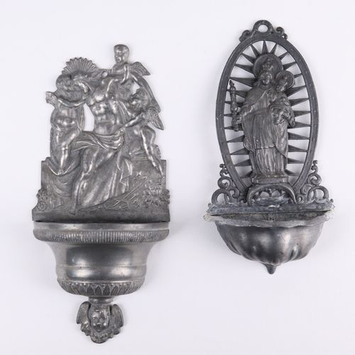 Weihwasserbehälter 4 pieces, pewter, with crucifix, Madonna, resurrection, IHS, &hellip;