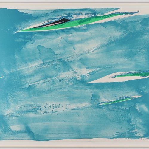 Debré, Olivier Composition abstraite en bleu avec des lignes ondulées horizontal&hellip;