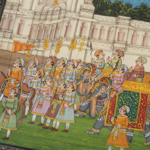 Miniaturmalerei 印度-波斯，布面水粉画，一个故事的场景，旅行的骏马和两头大象在有湖的宫殿前，轻微的岁月痕迹，约17 x 12,5厘米