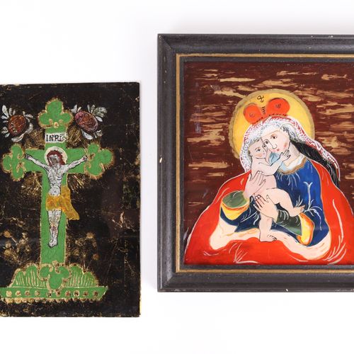 Hinterglasbilder 2件，1个十字架，无框，背有金纸，约25 x 19厘米，1个天主之母，木框，约22.5 x 20.5厘米
