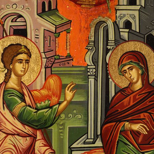 Ikone nztl., Greece, wood, painting and gold overlay on oilcloth, Annunciation s&hellip;