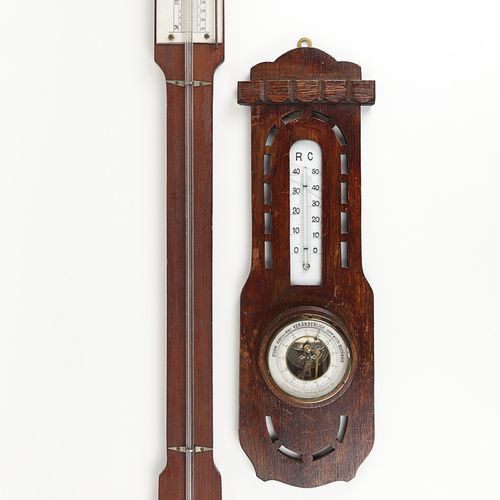 Barometer/Wetterstation um 1900, 2 St., Holzkorpus, 1 Stabbarometer, Quecksilber&hellip;