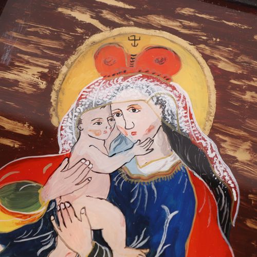 Hinterglasbilder 2件，1个十字架，无框，背有金纸，约25 x 19厘米，1个天主之母，木框，约22.5 x 20.5厘米