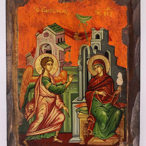 Ikone nztl., Greece, wood, painting and gold overlay on oilcloth, Annunciation s&hellip;