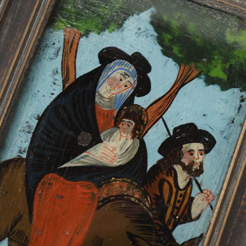 Hinterglasbilder 19e s., 2 pcs, 1x Sainte Famille en fuite, cadre en bois, rayé,&hellip;