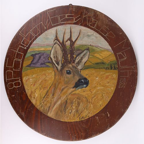 Schützenscheibe Bois, rond, peinture à l'huile, tête de chevreuil avec champs, s&hellip;